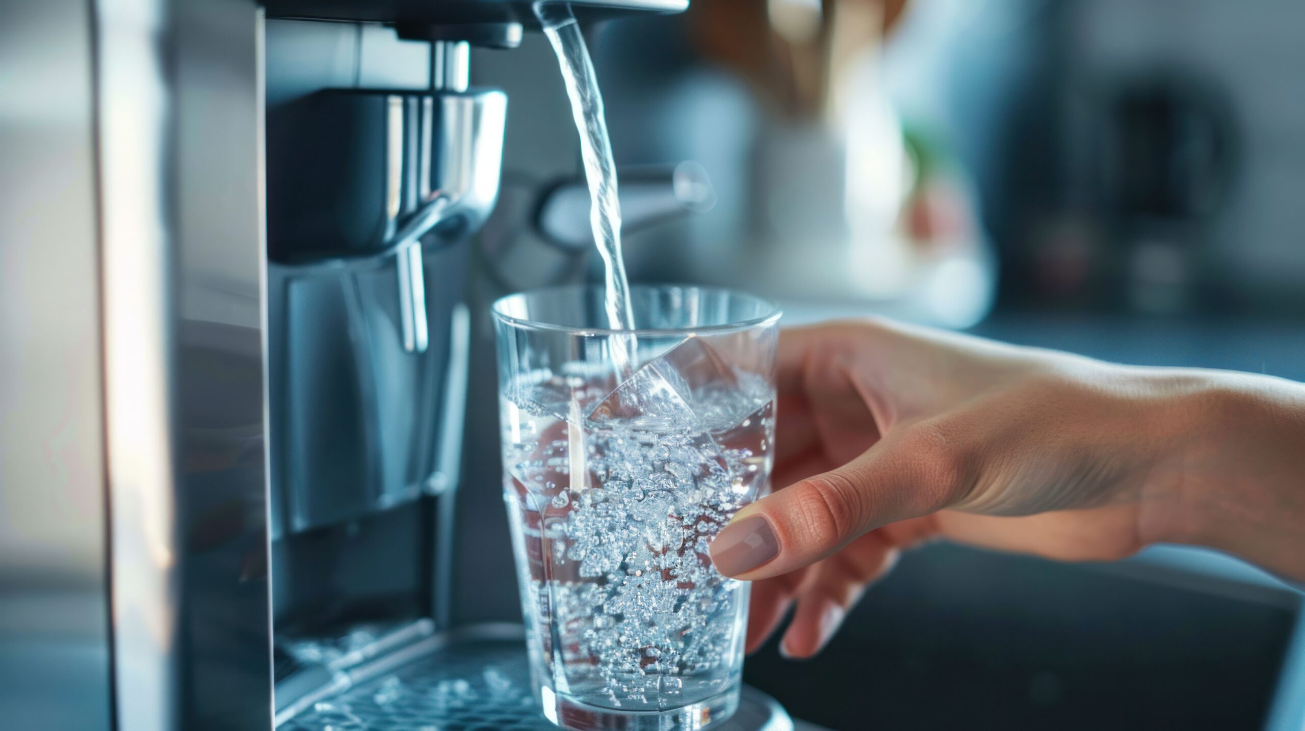 Hand hält ein Glas unter einen Wasserspender, während klares, gefiltertes Wasser einfließt